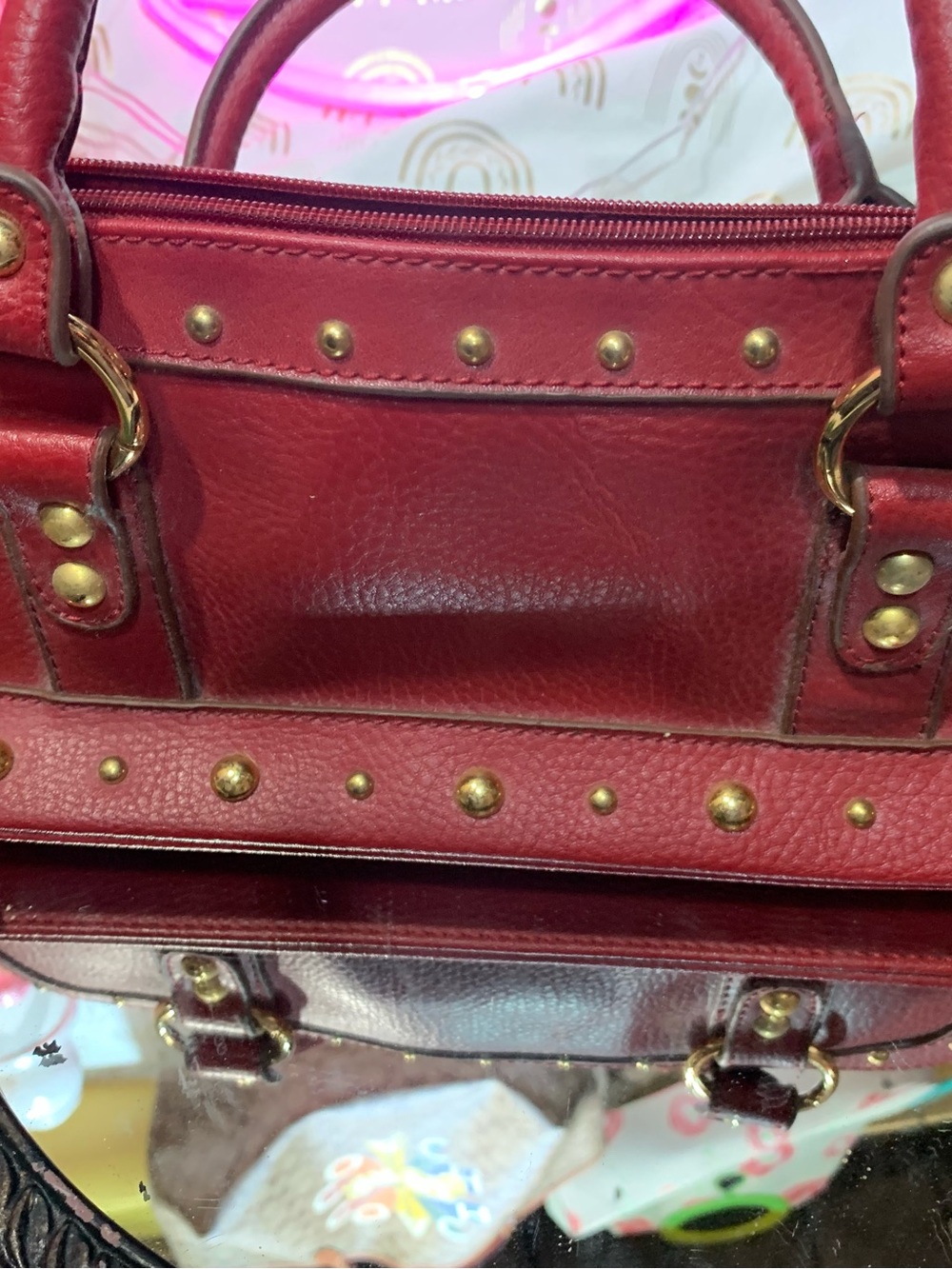 Red Studded Leather Handbag Bisou Bisou - Picture 6 of 6